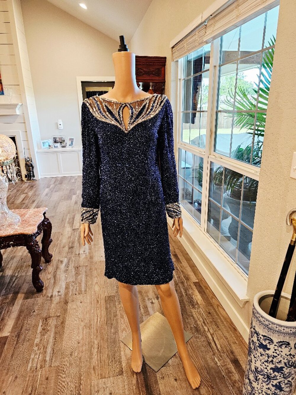 1980S BOB MACKIE For Neiman Marcus Blue Beaded Silk Cocktail Dress size 6